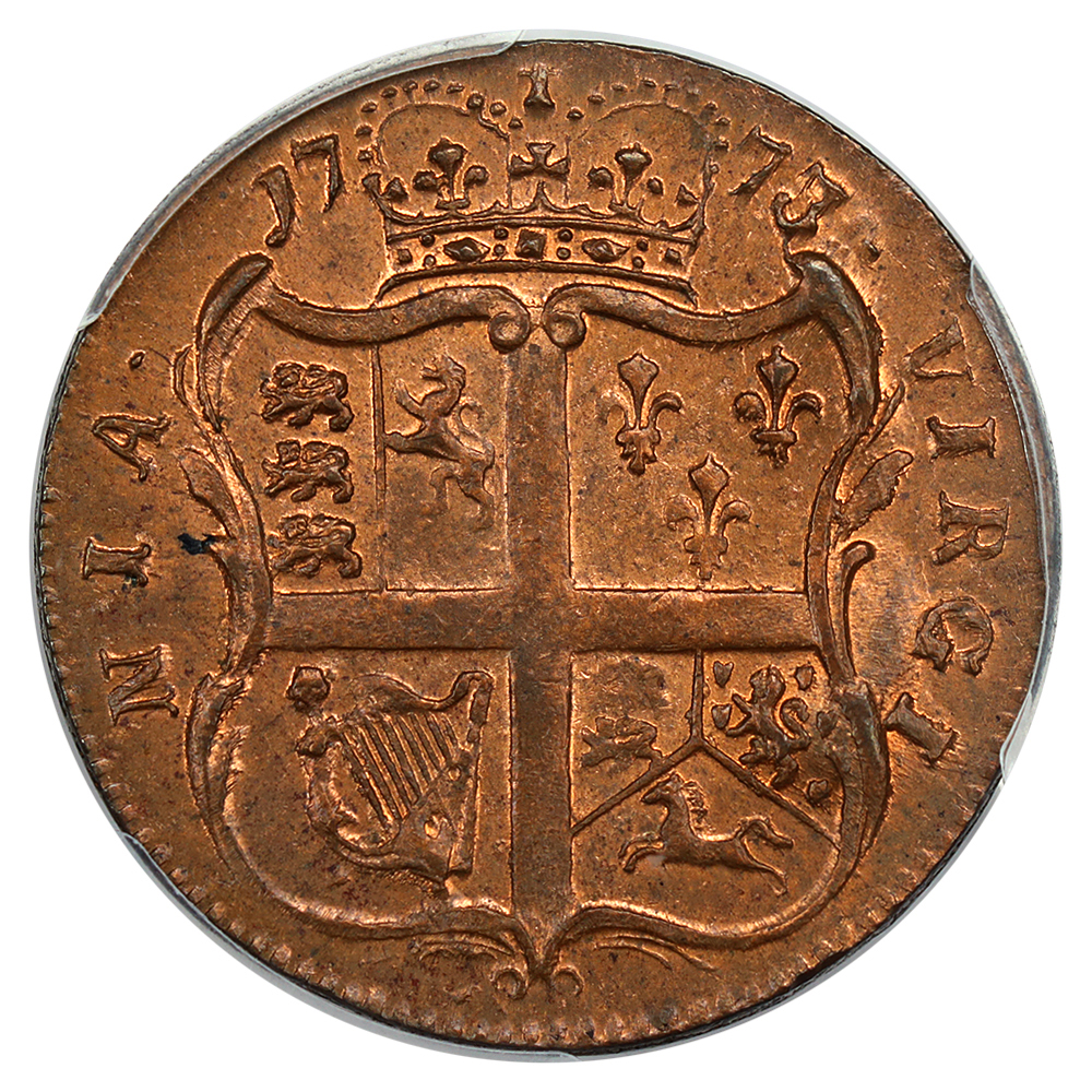 image for: 1773 Virginia No Period 1/2 P PCGS MS64 RD