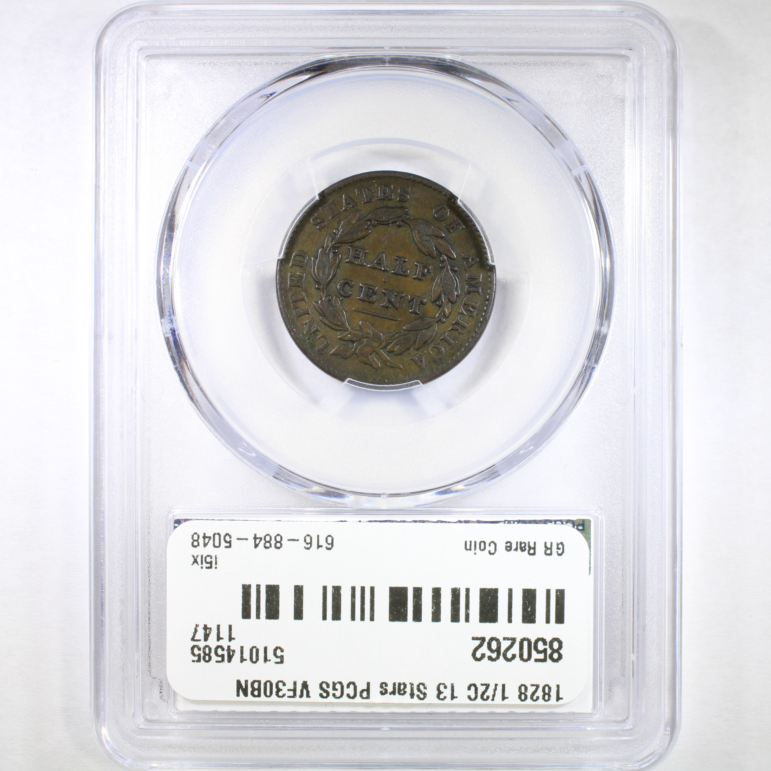 thumbnail for: 1828 13 Stars 1/2c PCGS VF30 BN