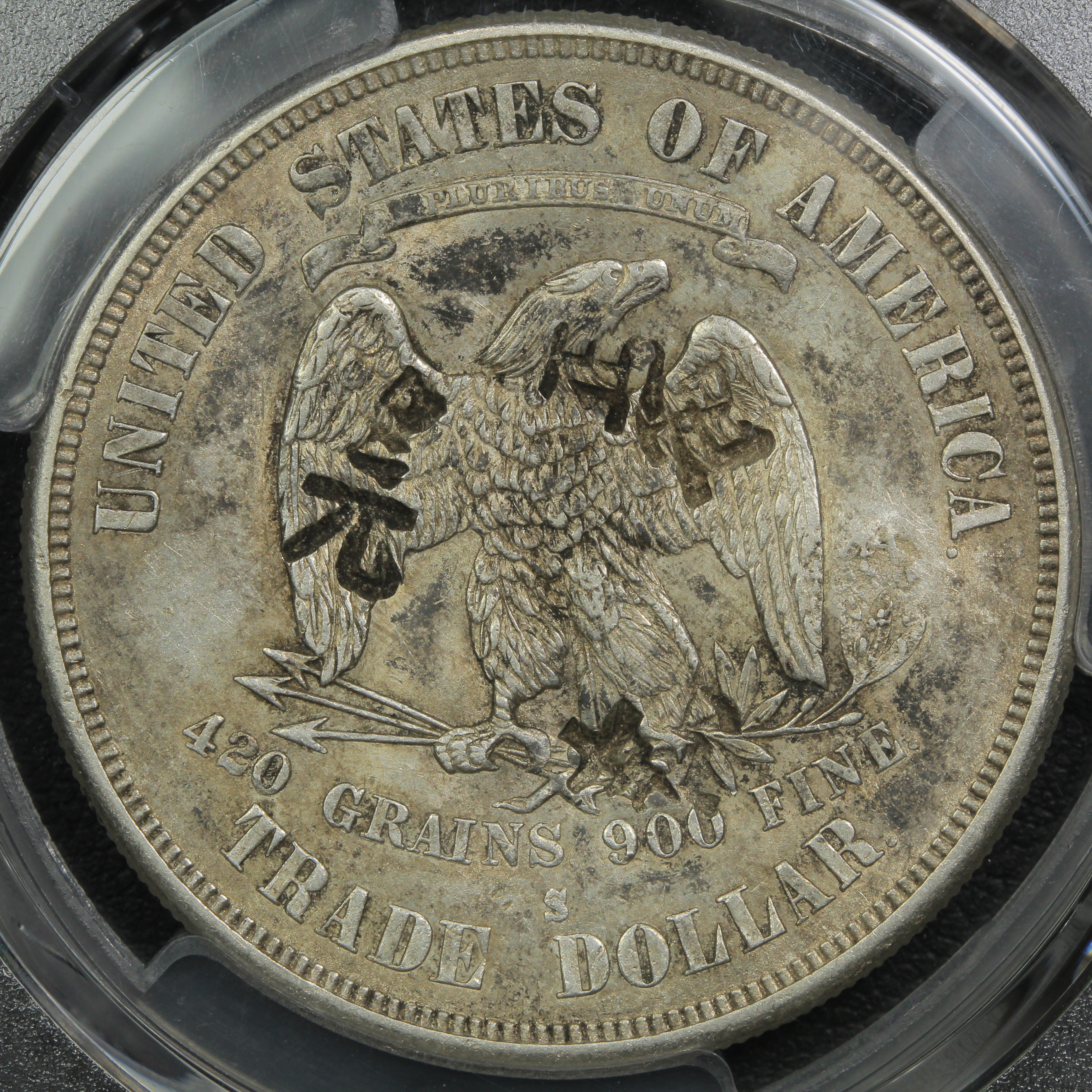 thumbnail for: 1874-S Chopmarked Trade$ PCGS AU55
