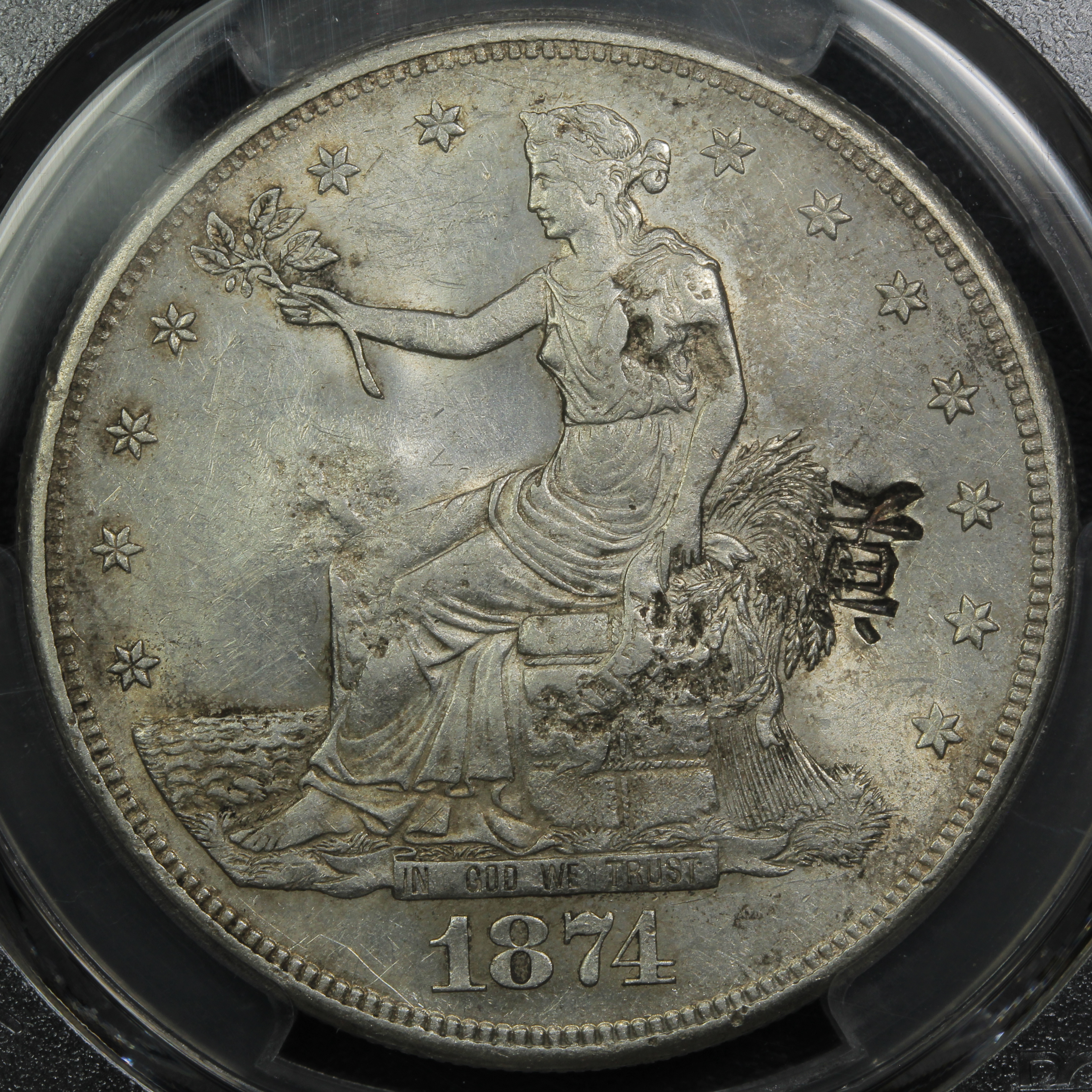 thumbnail for: 1874-S Chopmarked Trade$ PCGS AU55