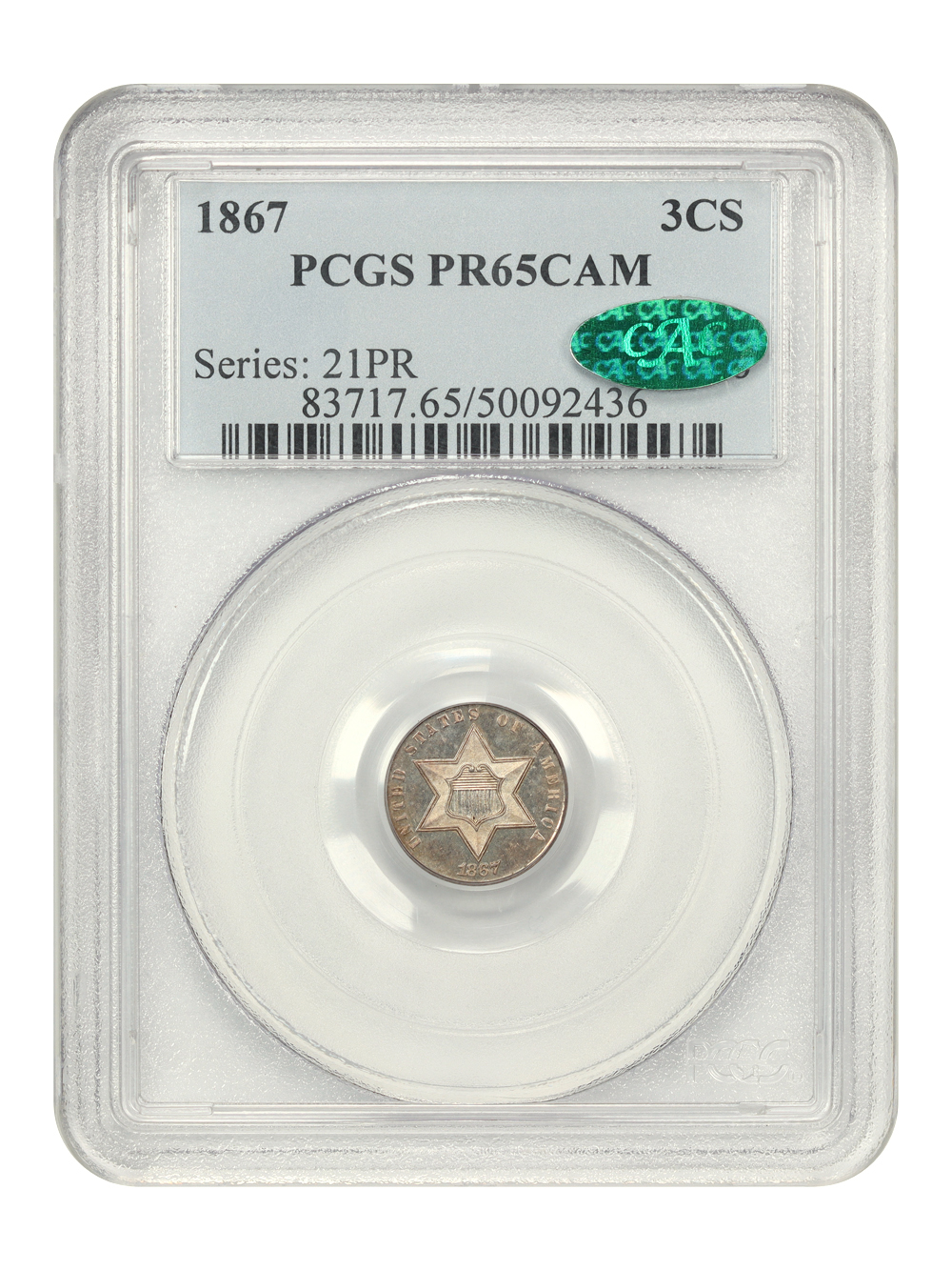 image for: 1867 3cS PCGS PR65 CAM