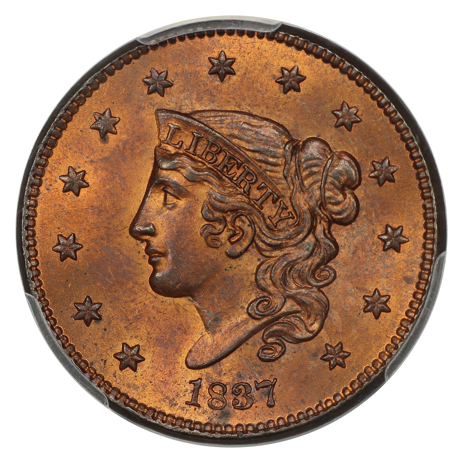 thumbnail for: 1837 Medium Letters 1c PCGS MS65 RB