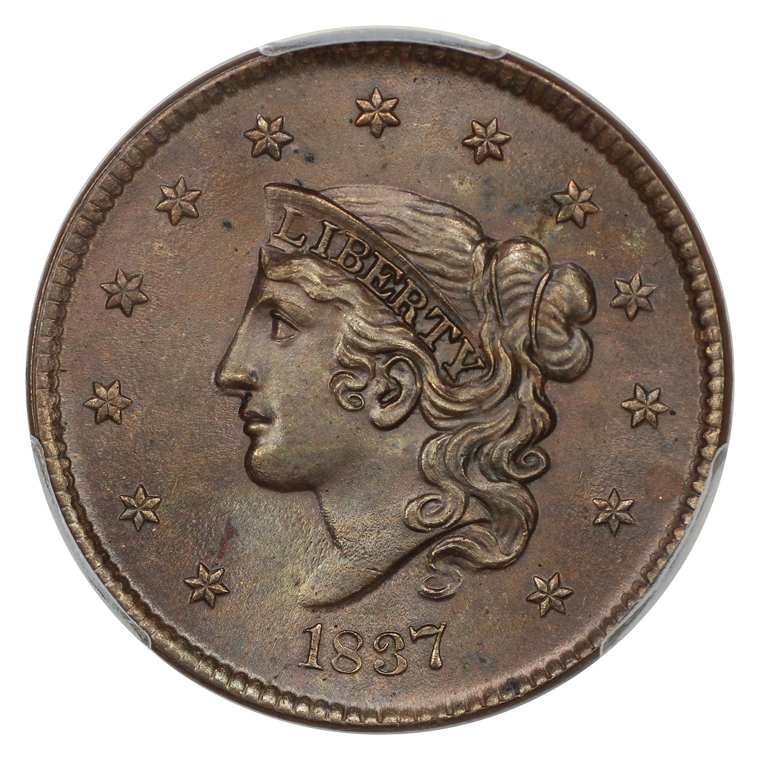 thumbnail for: 1837 Medium Letters 1c PCGS MS65 BN