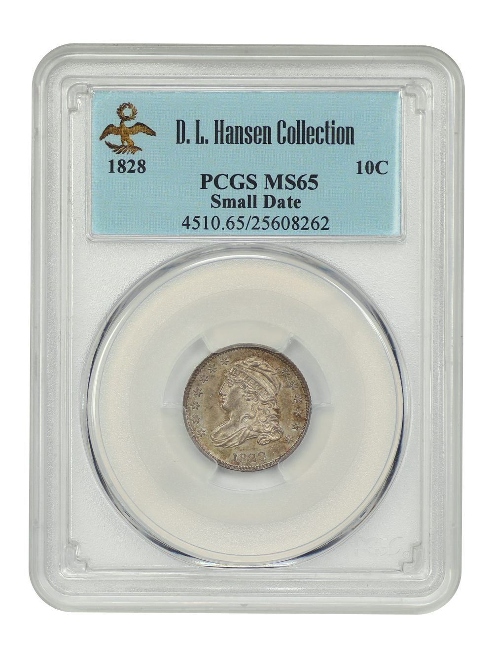 image for: 1828 Small Planchet, Small Date 10c PCGS MS65