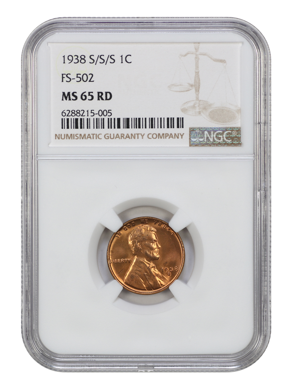 image for: 1938-S/S/S Repunched Mintmark, FS-502 1c NGC MS65 RD