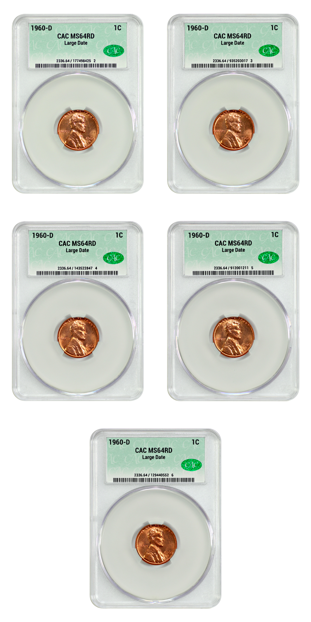 Lot of 1960-D 1C CACG MS64RD (Large Date, 15 Coins)