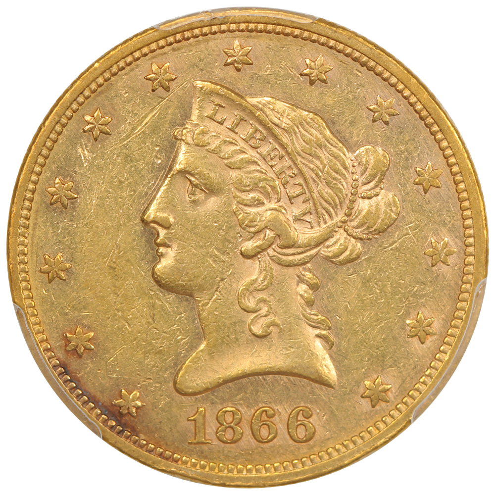 image for: 1866 Motto $10  PCGS AU55