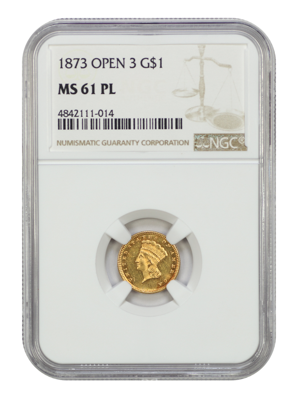 image for: 1873 Open 3 G$1 NGC MS61