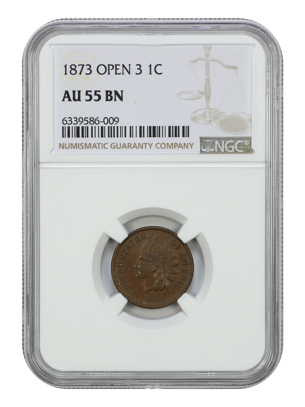image for: 1873 Open 3 1c NGC AU55 BN