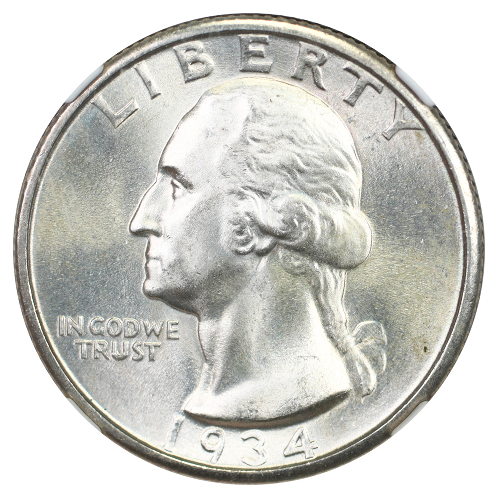 image for: 1934 Medium Motto 25c NGC MS67