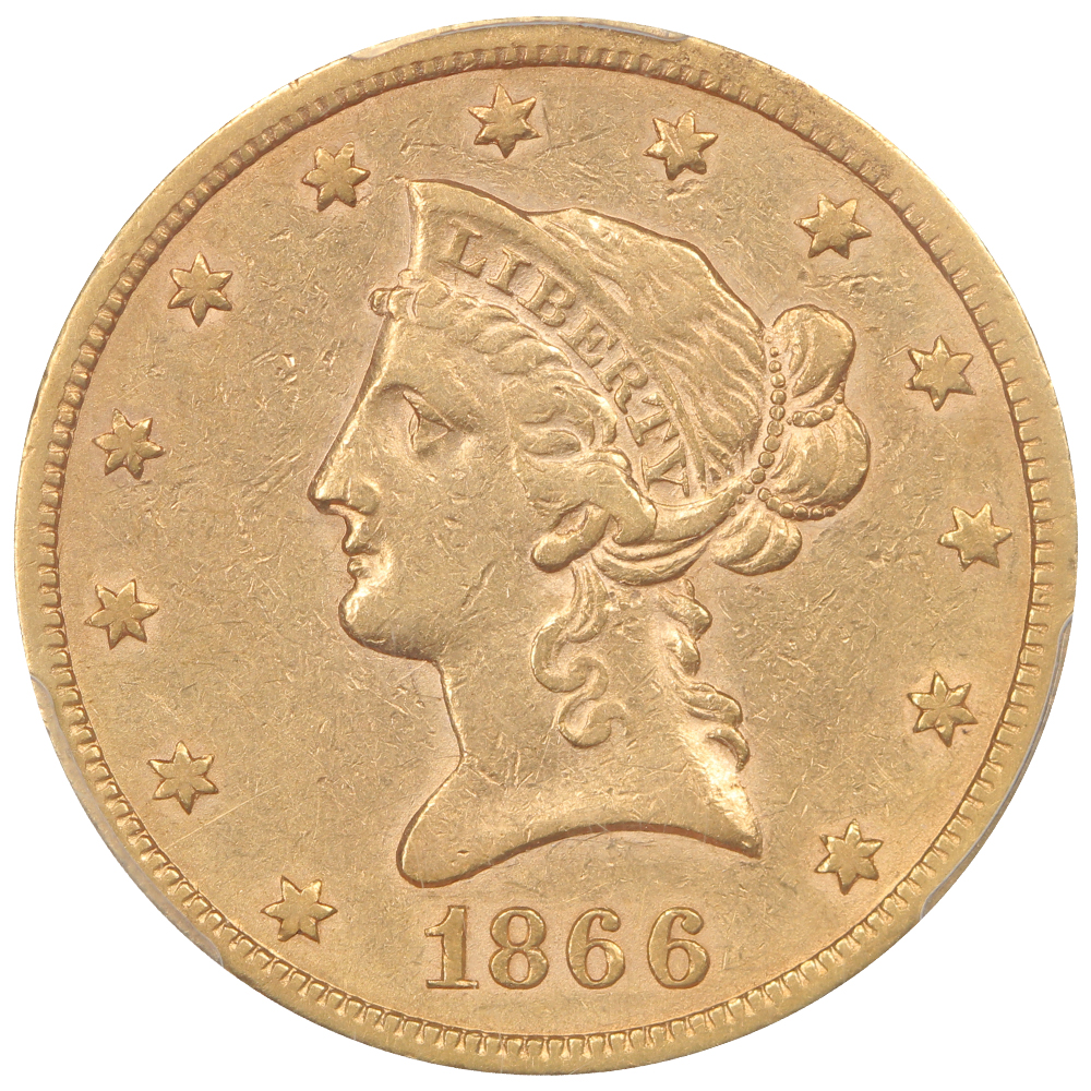 image for: 1866-S Motto $10  PCGS AU50