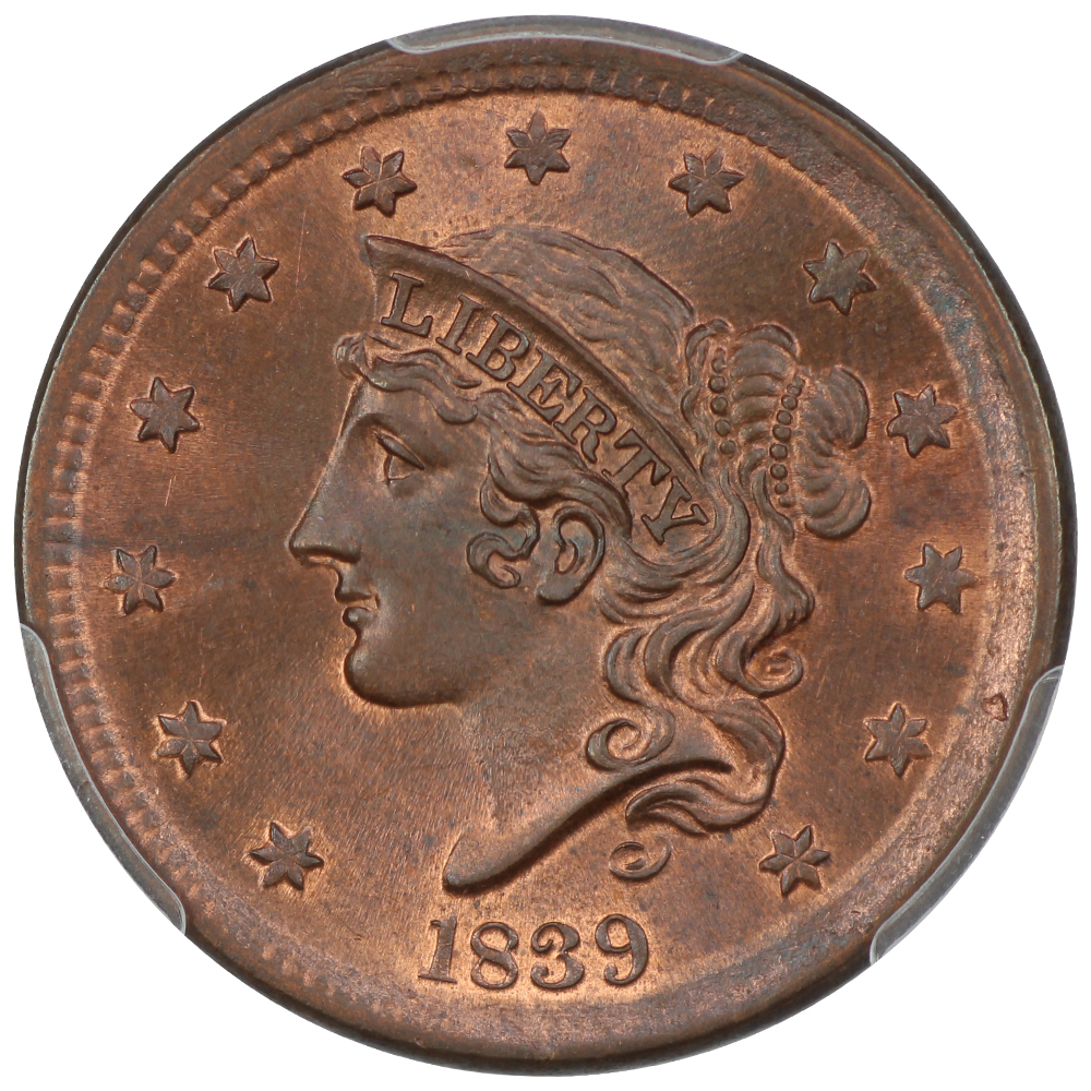 image for: 1839 Silly Head 1c PCGS MS65 RB