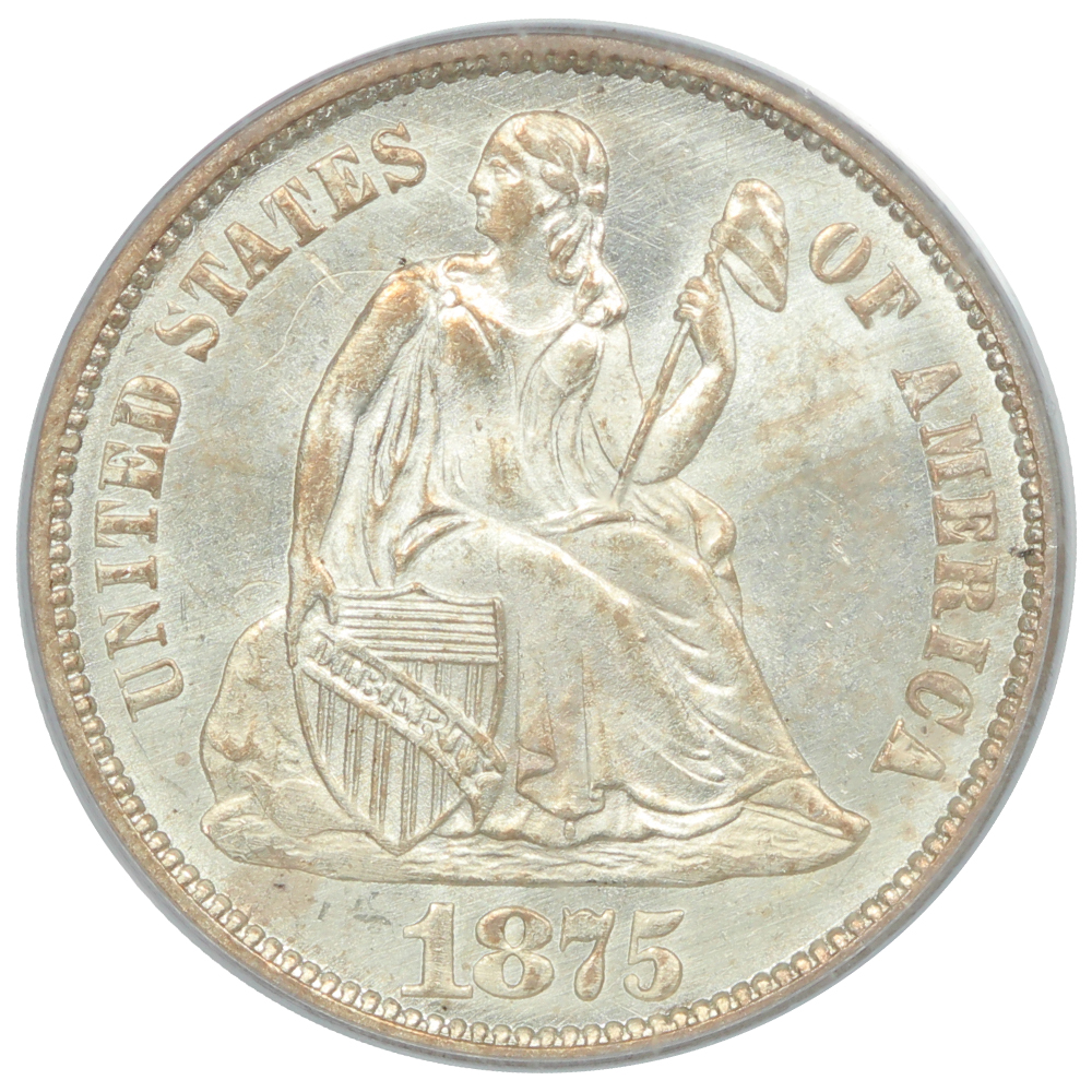 image for: 1875-CC Mintmark Below Bow 10c PCGS MS65