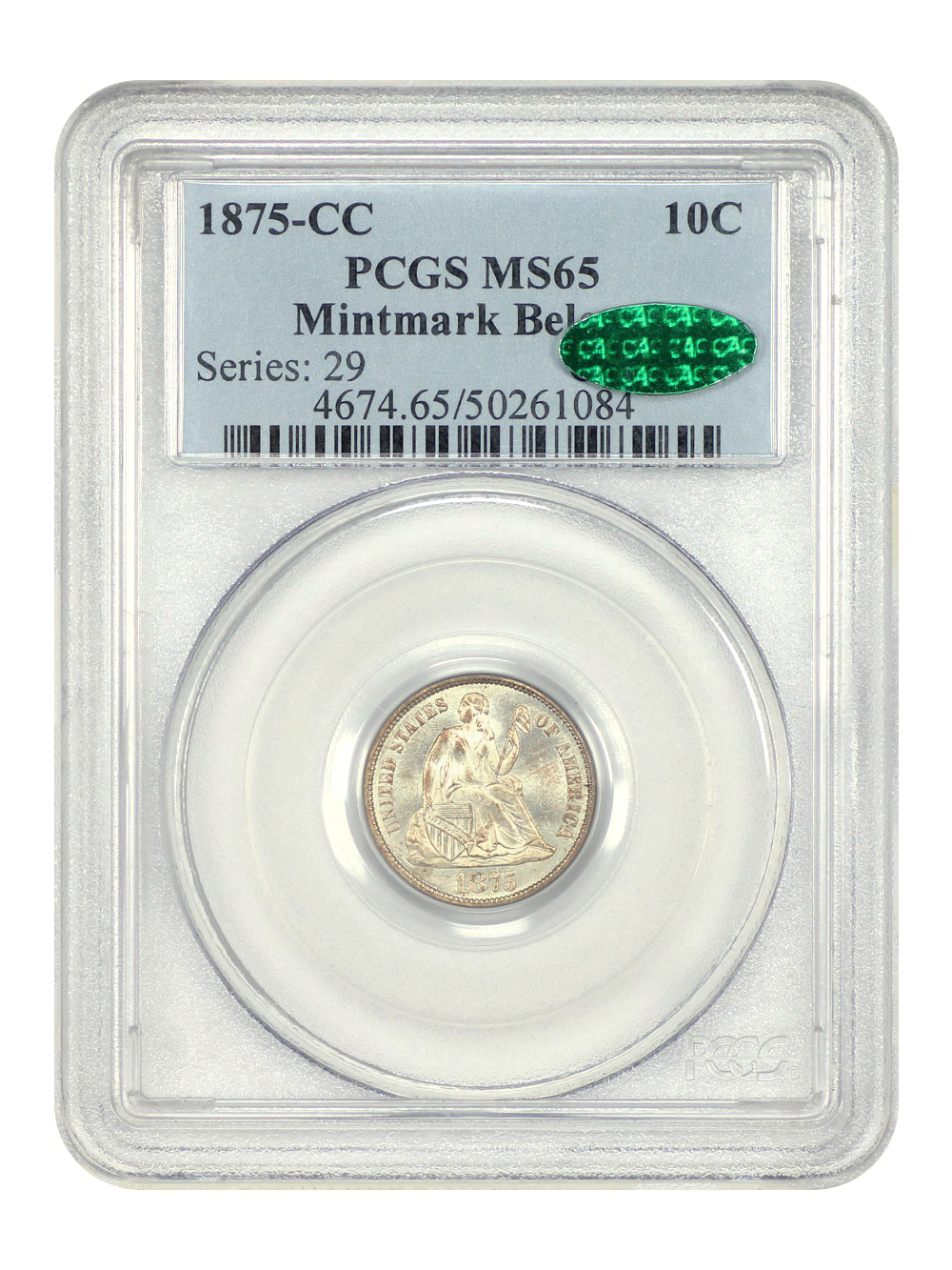 image for: 1875-CC Mintmark Below Bow 10c PCGS MS65