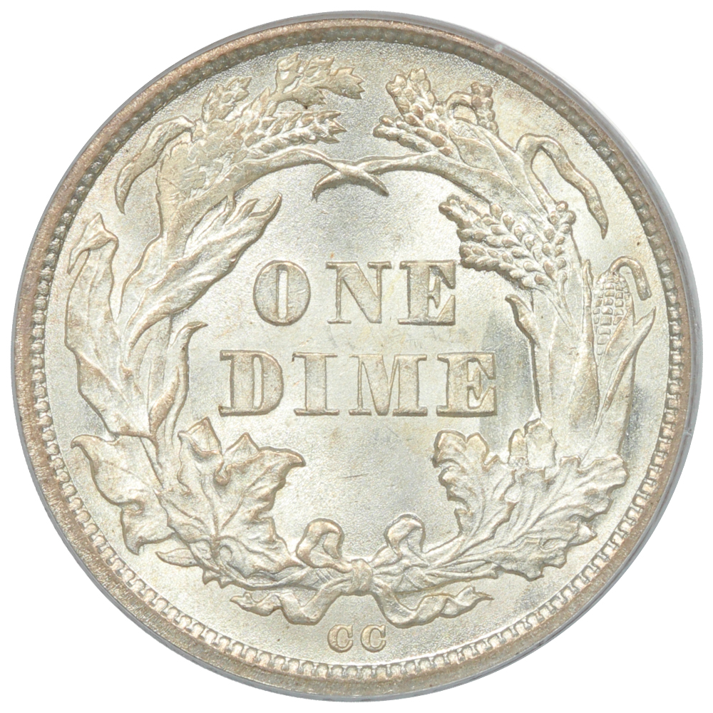 image for: 1875-CC Mintmark Below Bow 10c PCGS MS65