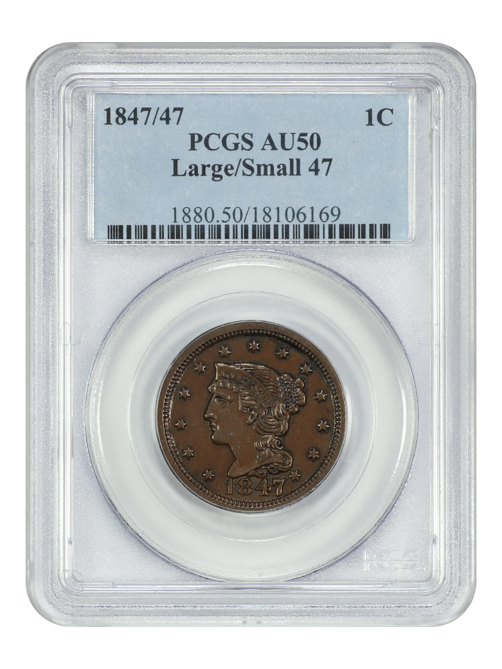 image for: 1847/47 Large/Small 47 1c PCGS AU50 BN