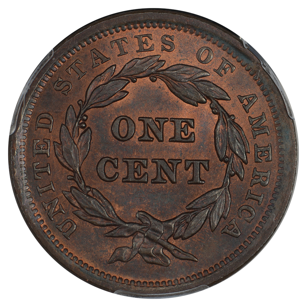 image for: 1843 Petite Head, Small Letters 1c PCGS MS64 RB