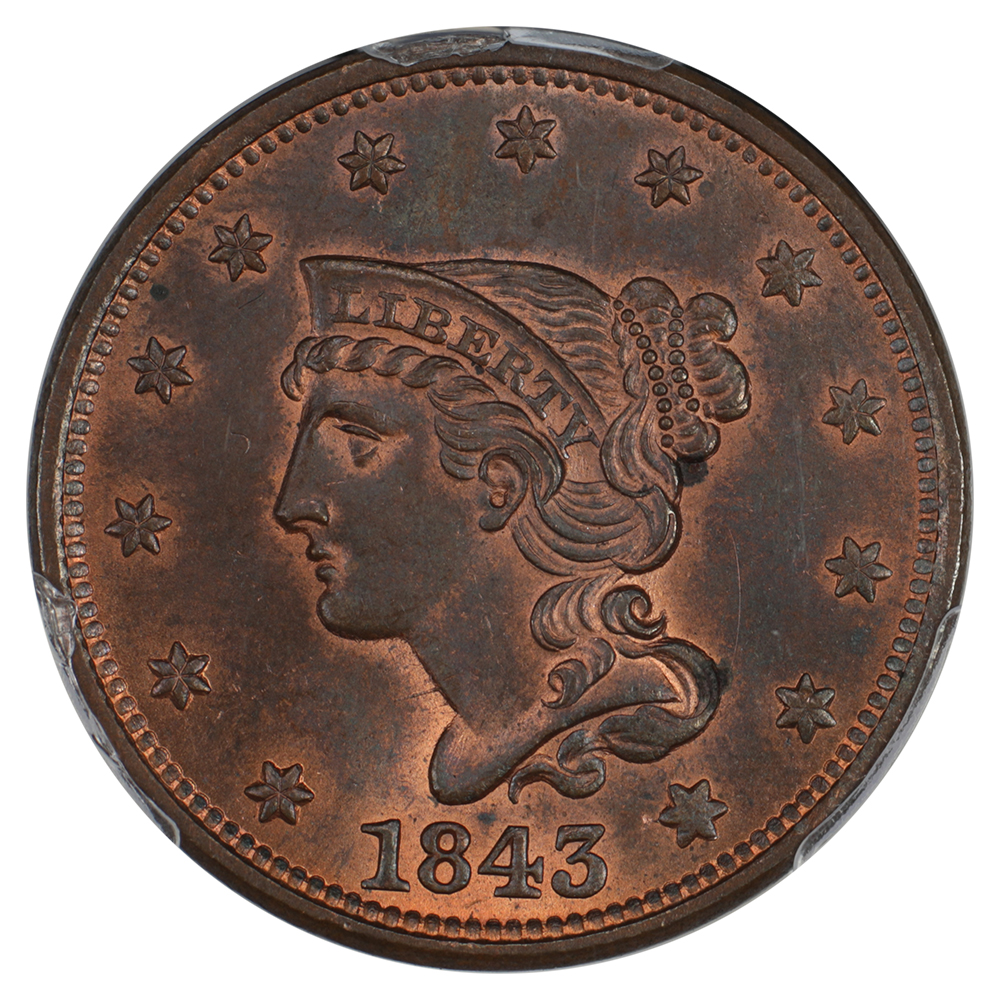 image for: 1843 Petite Head, Small Letters 1c PCGS MS64 RB