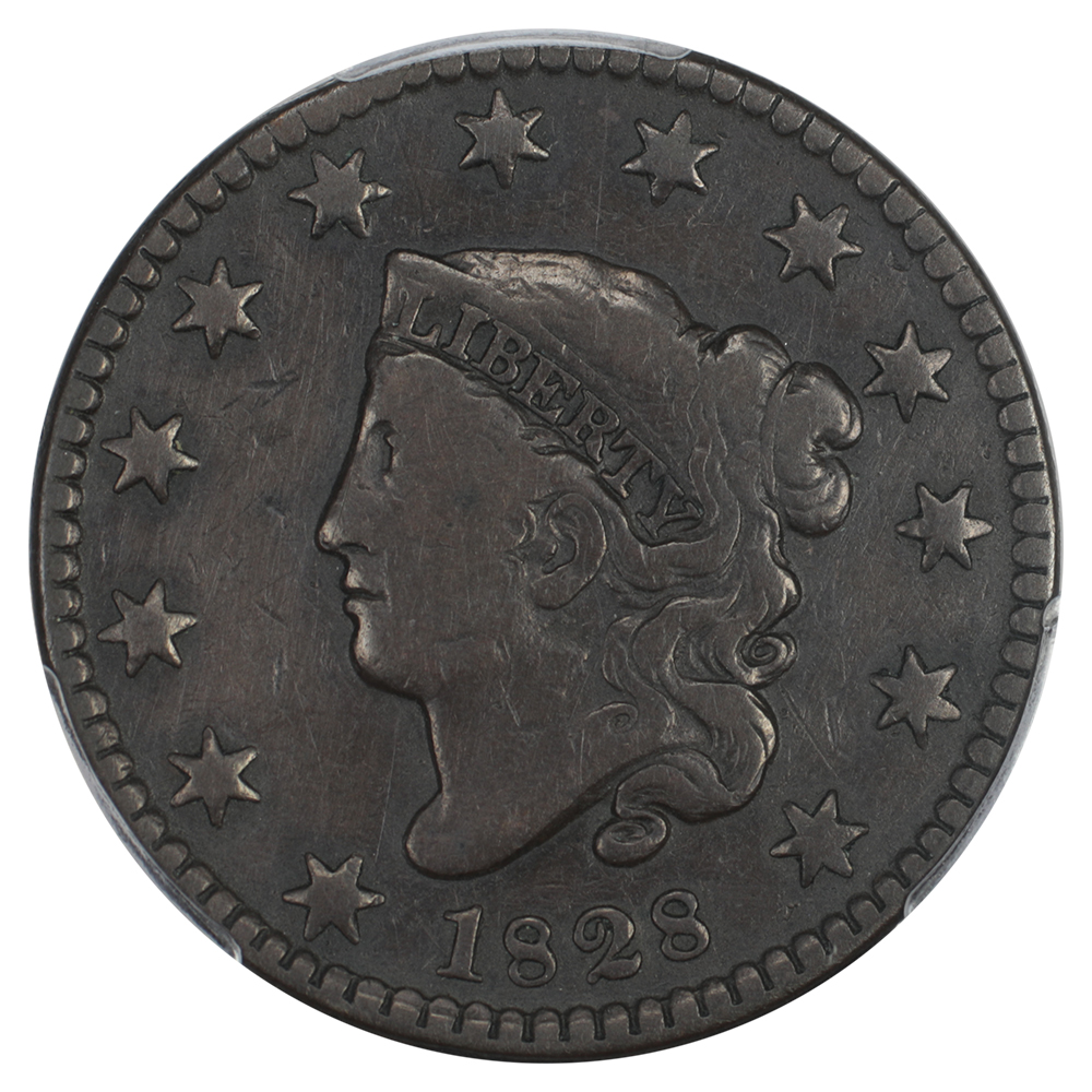 image for: 1828 Small Wide Date, N-10 1c PCGS F12 BN