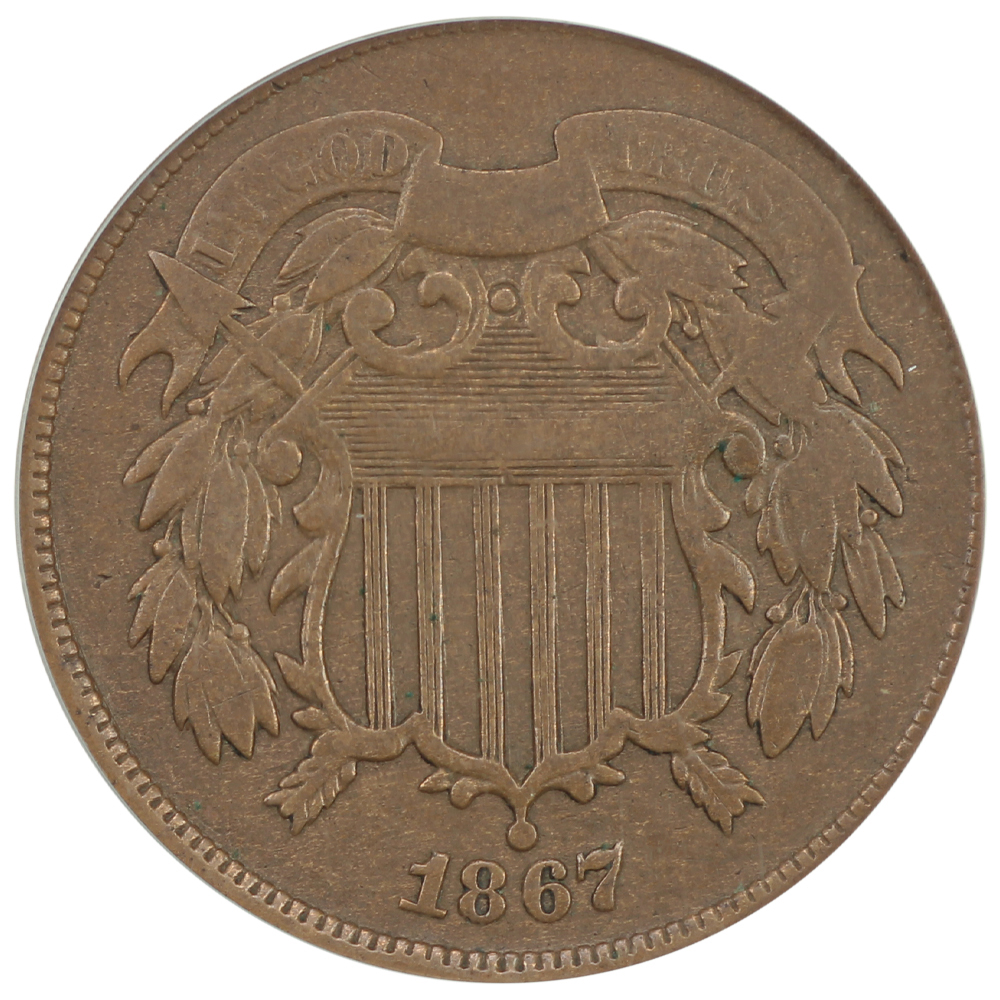 image for: 1867 Doubled Die Obverse  2c PCGS F12 BN