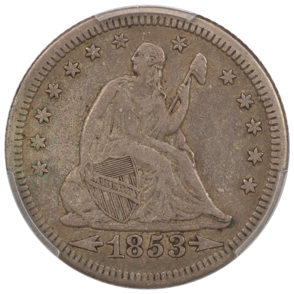 image for: 1853/4 Arrows & Rays 25c PCGS VF35