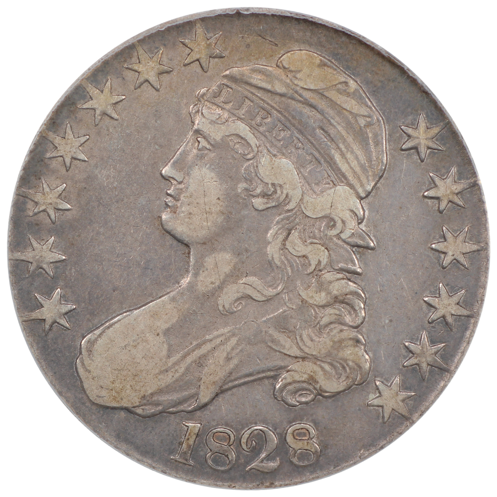 image for: 1828 Curl Base 2, No Knob 50c PCGS VF25