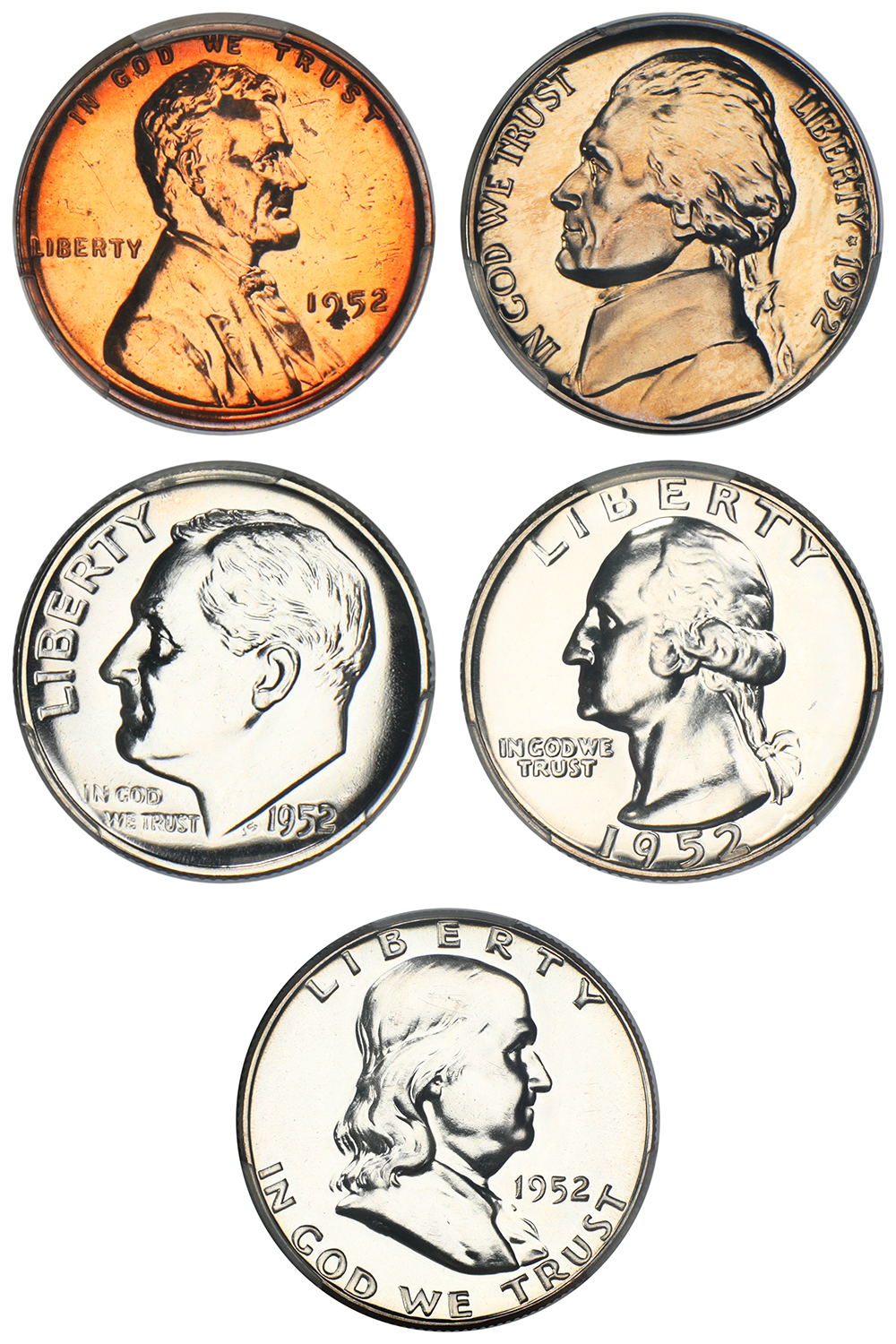 image for: 1952 Proof Set, 5 Coins 1c-50c PCGS PR64