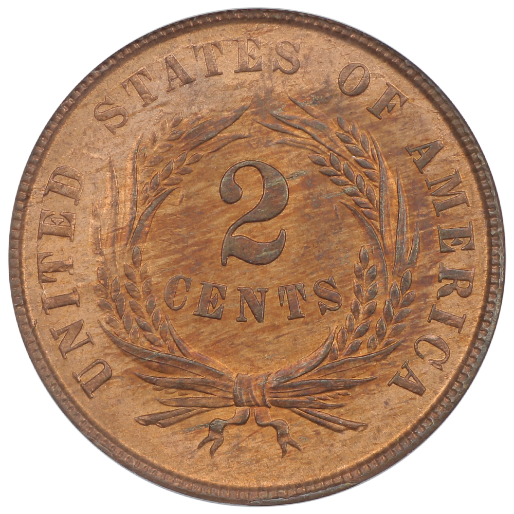image for: 1864 Large Motto 2c PCGS MS65 RB