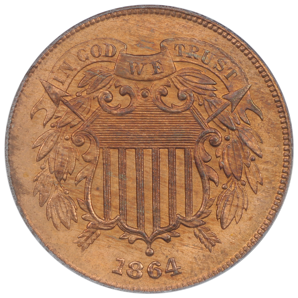 image for: 1864 Large Motto 2c PCGS MS65 RB