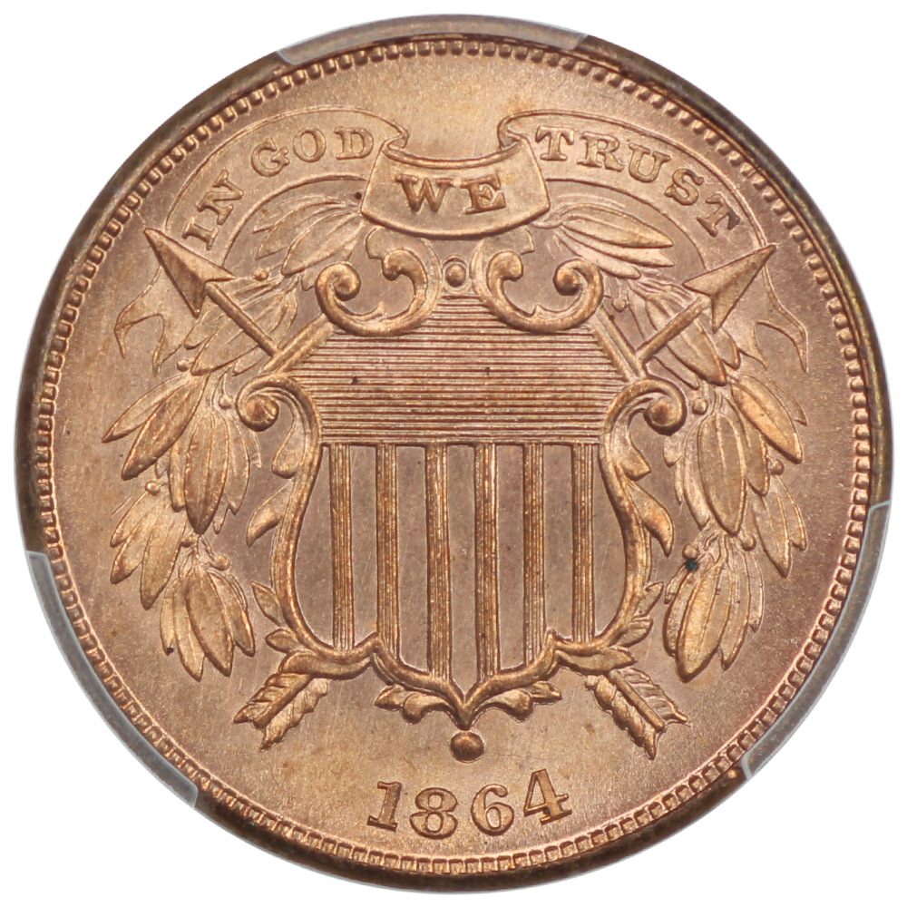 image for: 1864 Small Motto 2c PCGS MS66 RD