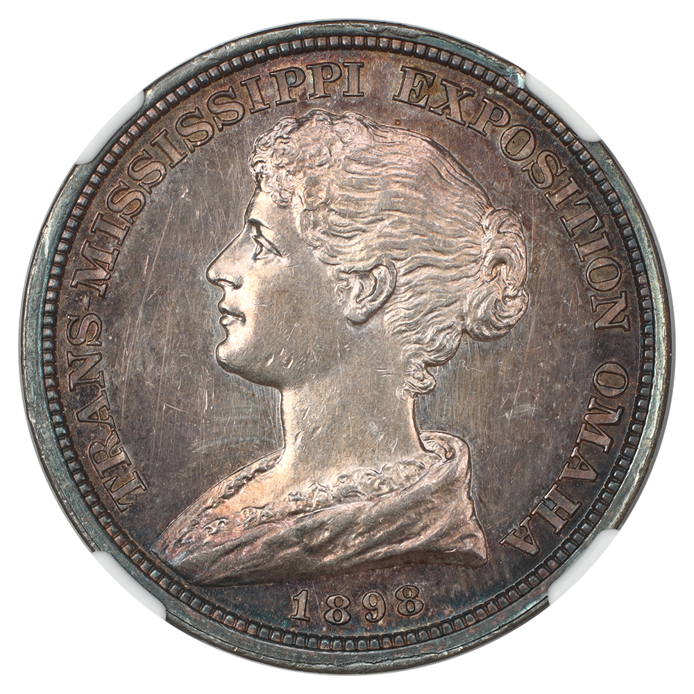thumbnail for: 1898 Trans Miss Expo, Official, Souvineer rev, Silver, HK-281a SC$1 NGC MS62