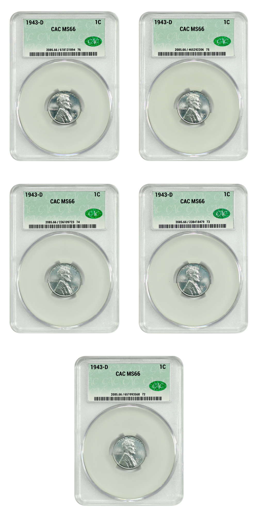 Lot of 1943-D 1C CACG MS66 (5 Coins)