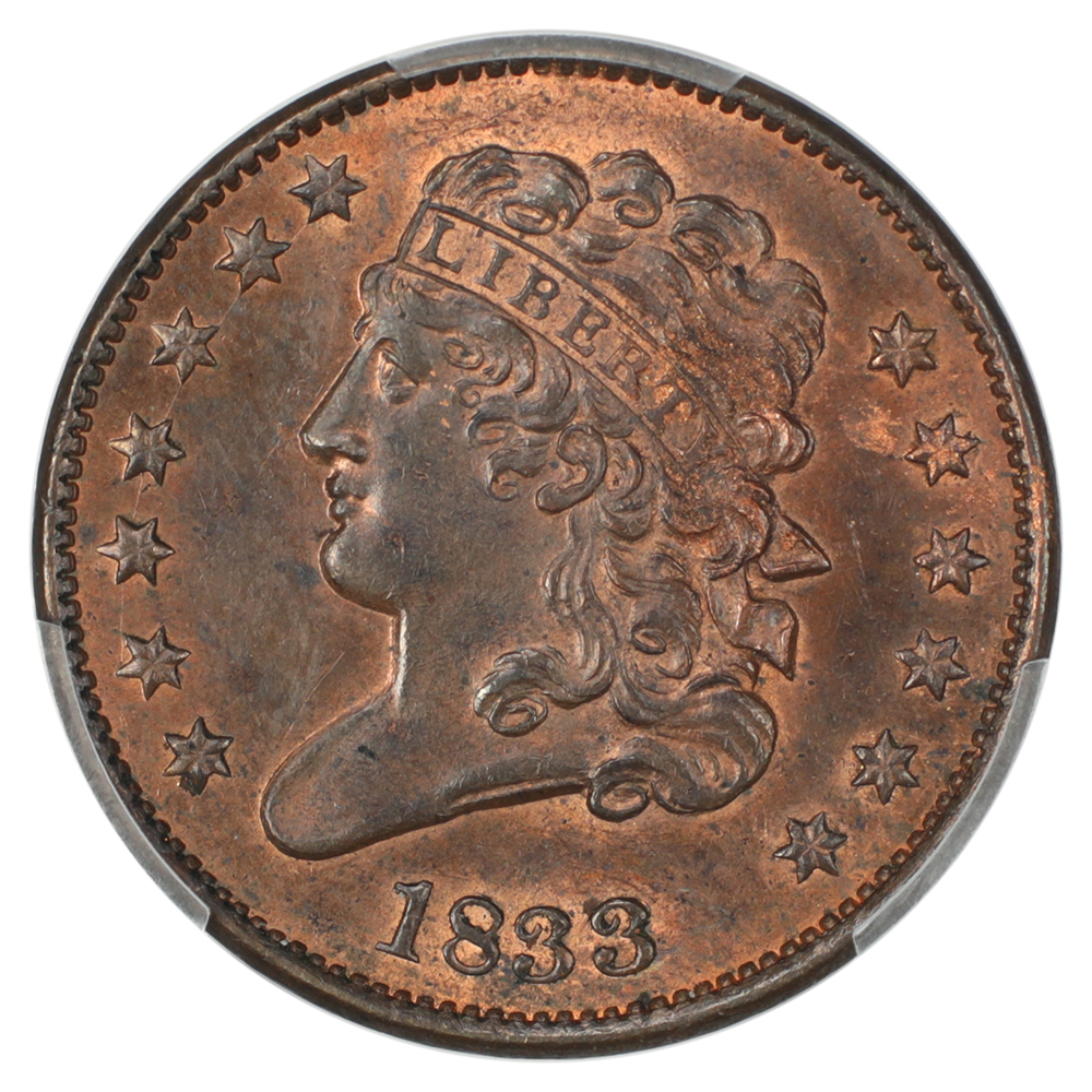 thumbnail for: 1833 1/2c PCGS MS64 RB