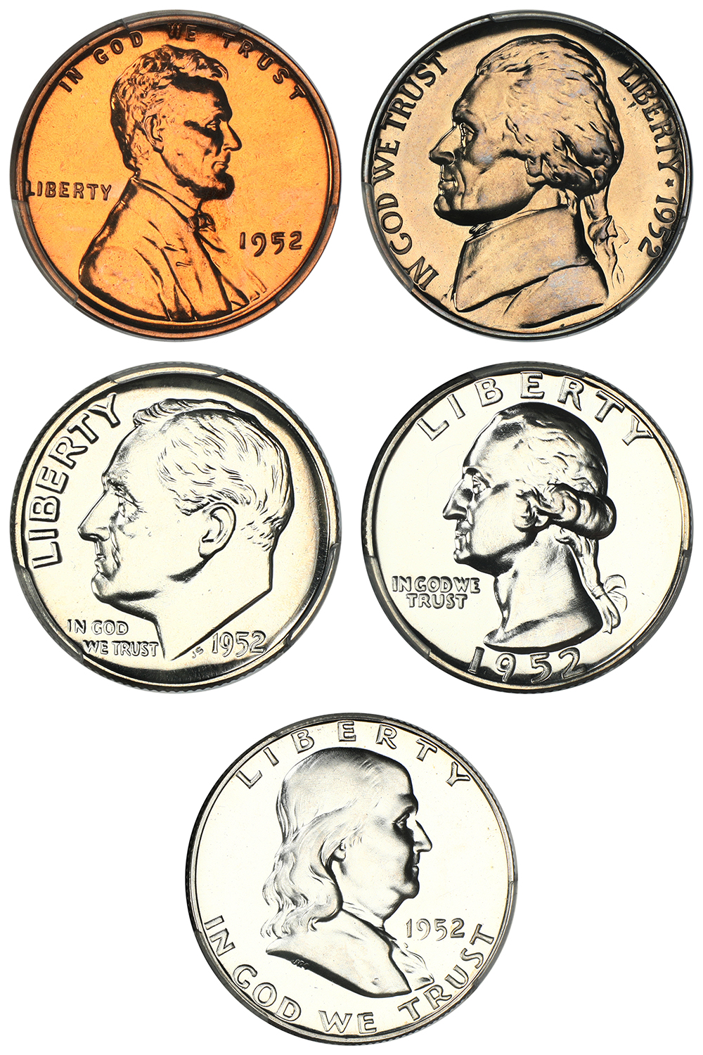 image for: 1952 Proof Set, 5 Coins 1c-50c PCGS PR67