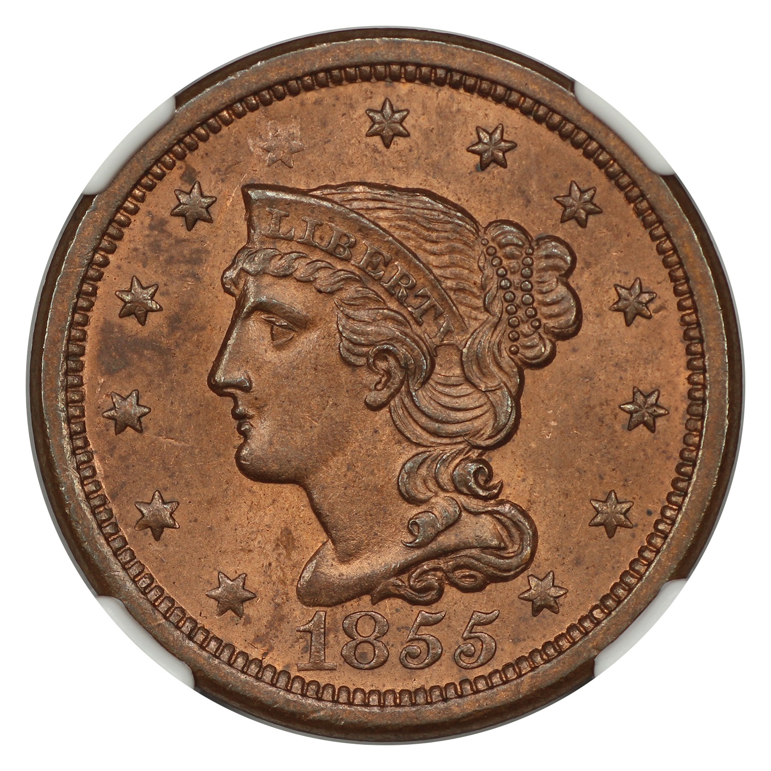 thumbnail for: 1855 Slanted 55 1c NGC MS65 RB