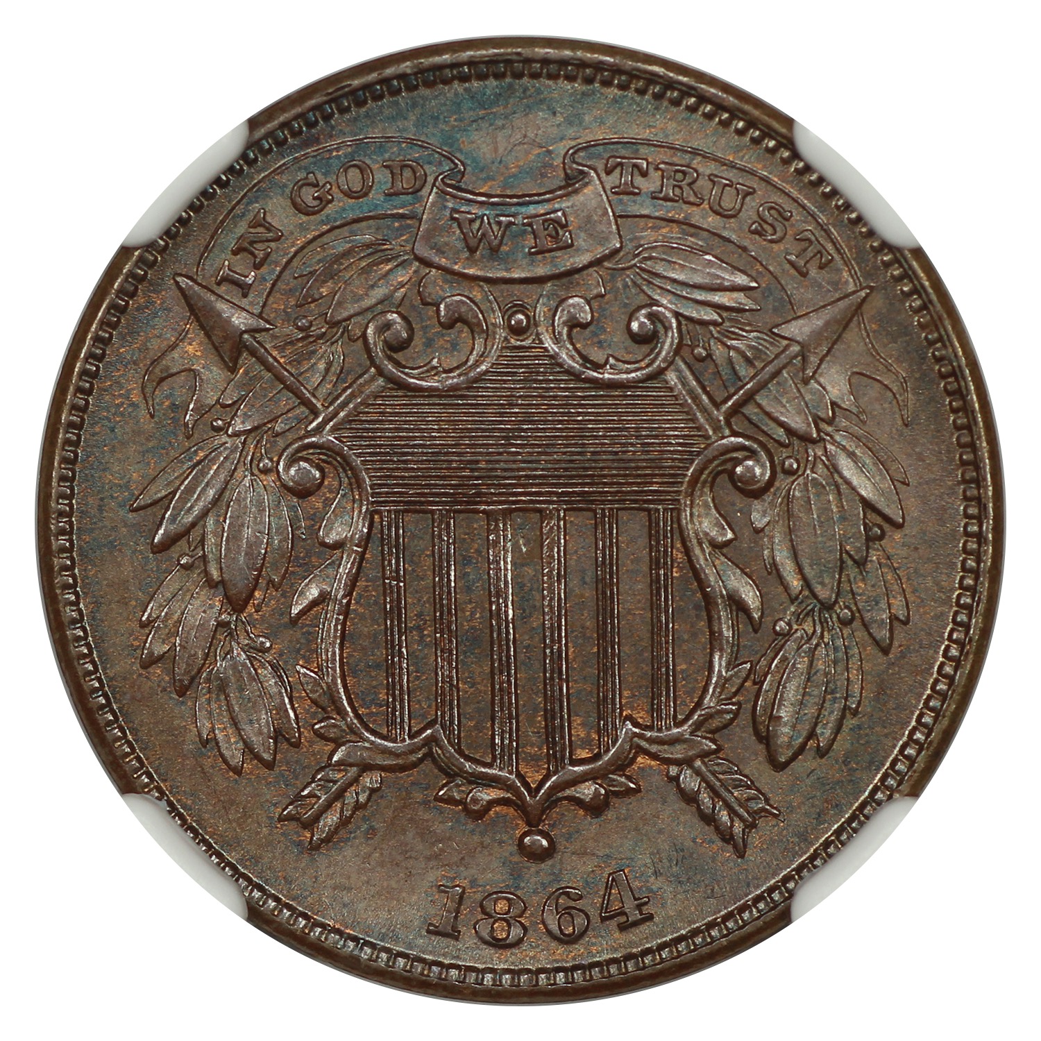 thumbnail for: 1864 Small Motto 2c NGC MS65 BN