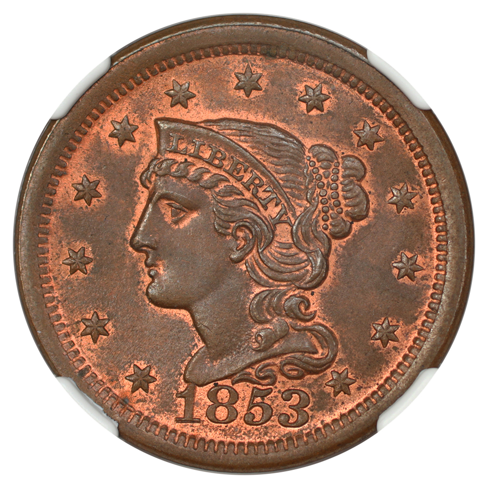 thumbnail for: 1853 1c NGC MS65 RB