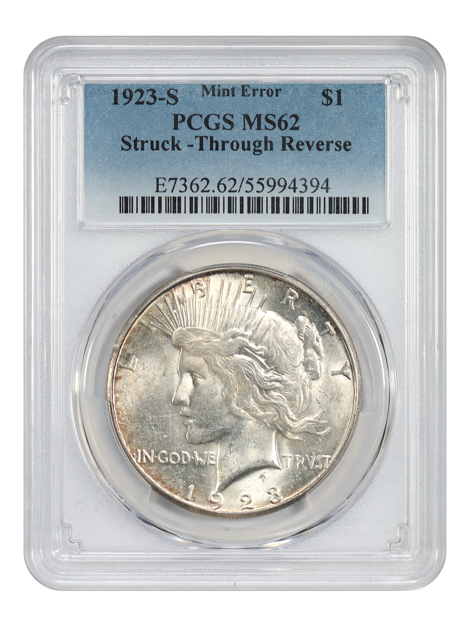 Mint Error: 1923-S $1 PCGS MS62 (Struck Through Reverse)