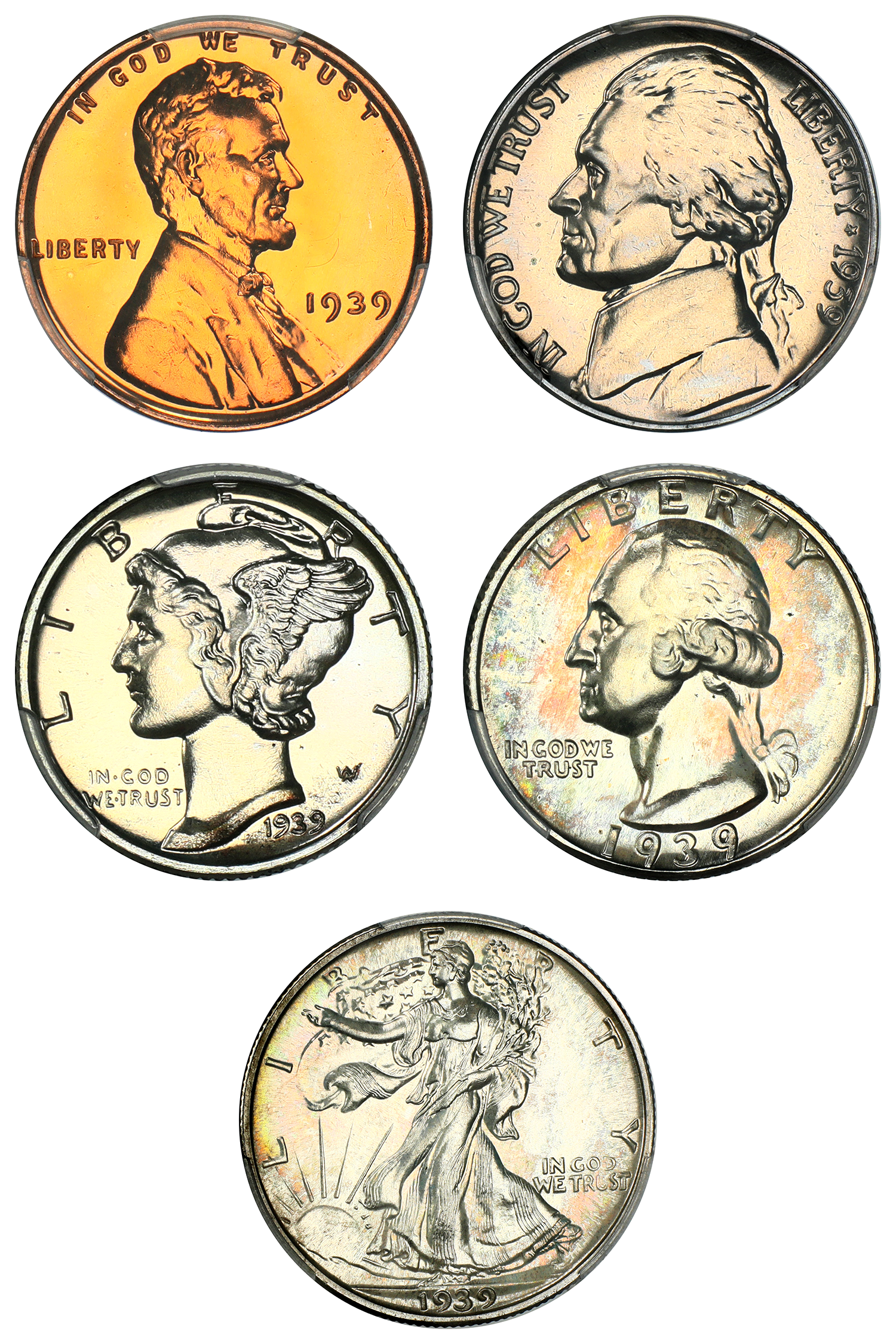 thumbnail for: 1939 Proof Set, 5 Coins 1c-50c PCGS PR67