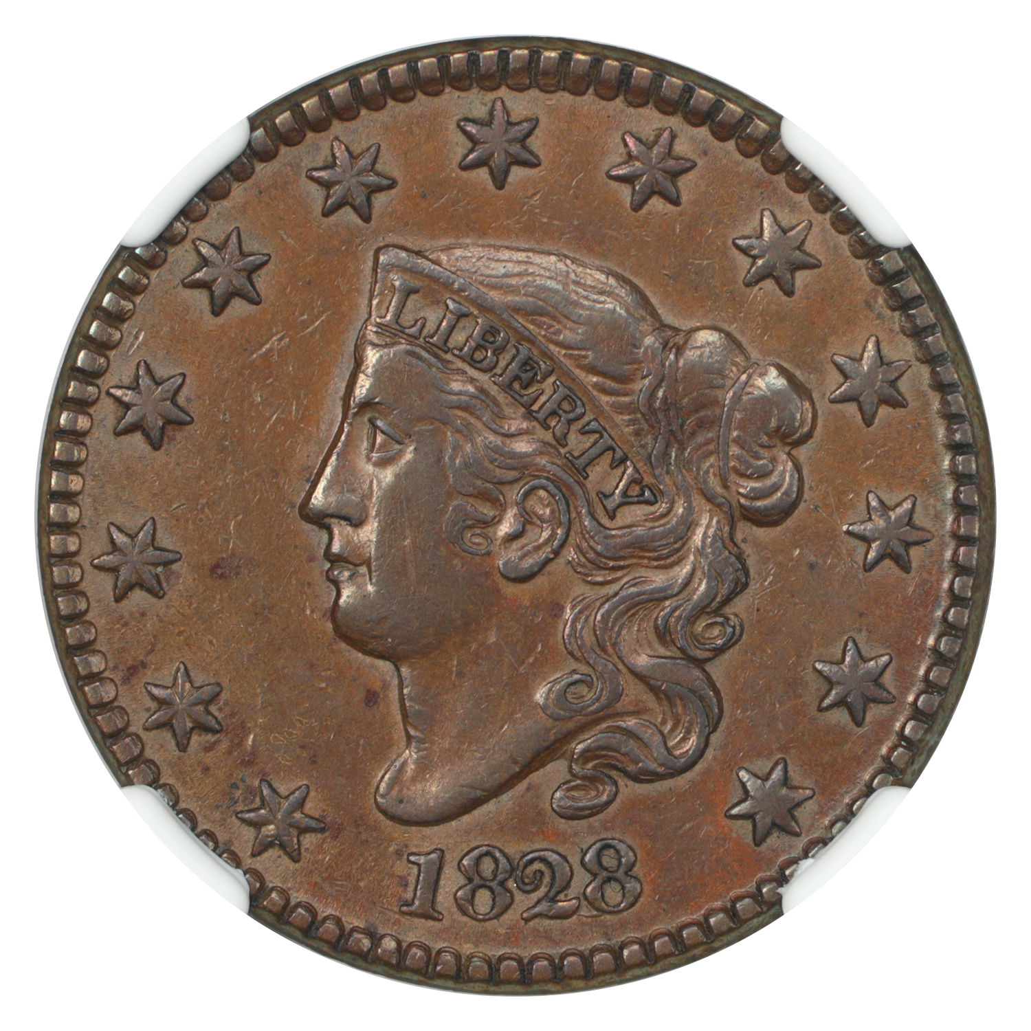 thumbnail for: 1828 Large Narrow Date 1c NGC AU50 BN