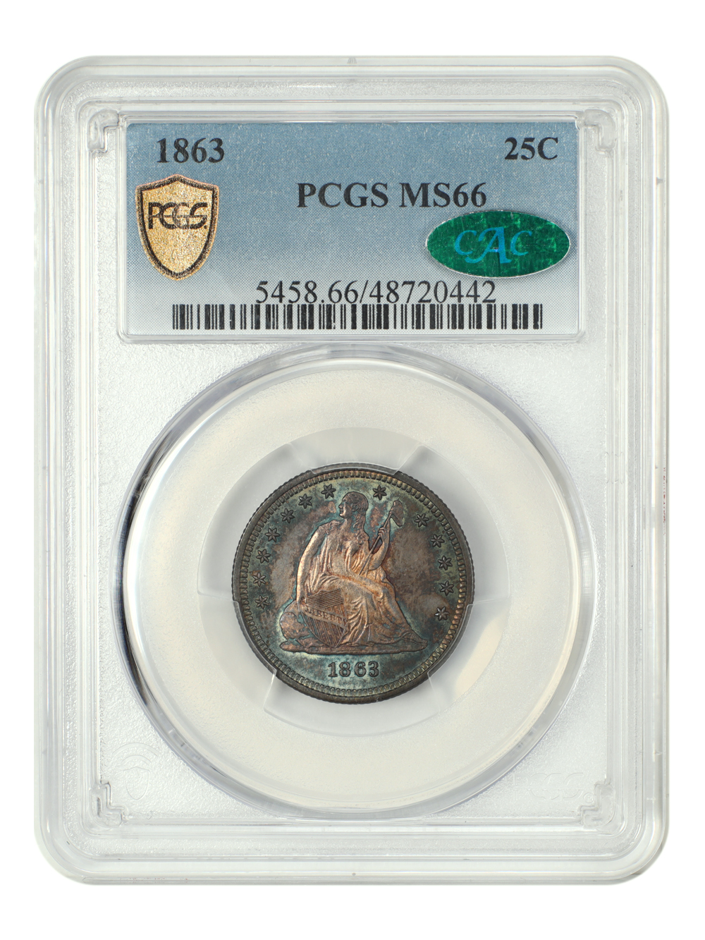 1863 25C PCGS/CAC MS66
