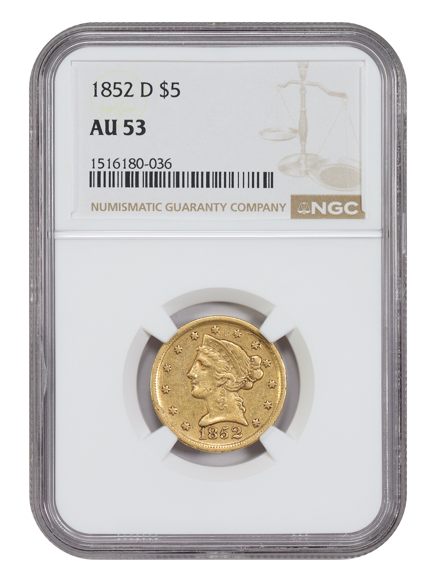 1852-D $5 NGC AU53