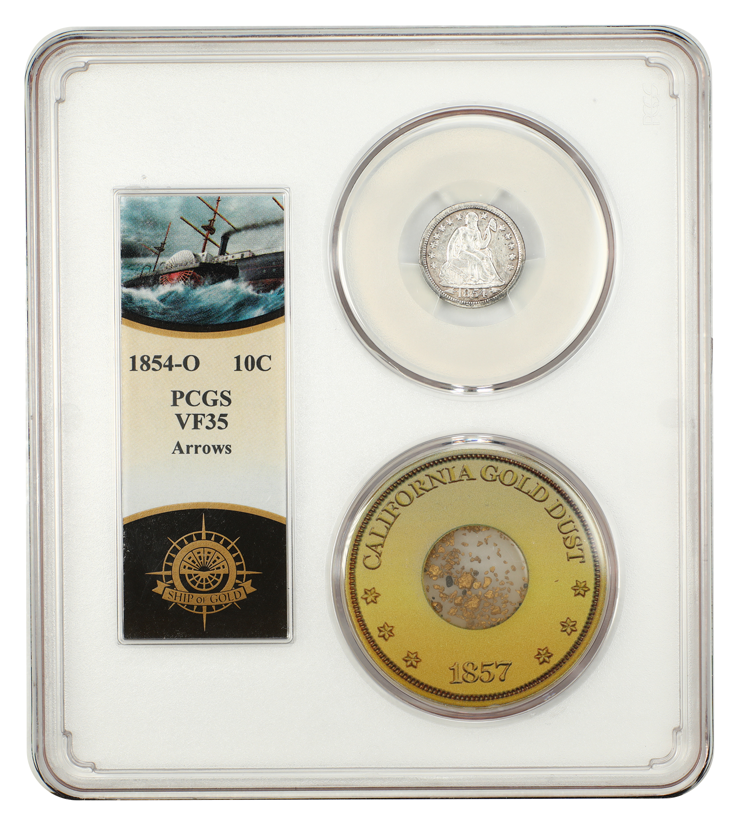 S.S. Central America: 1854-O Shipwreck 10C PCGS VF35 (Arrows, Gold Pinch)