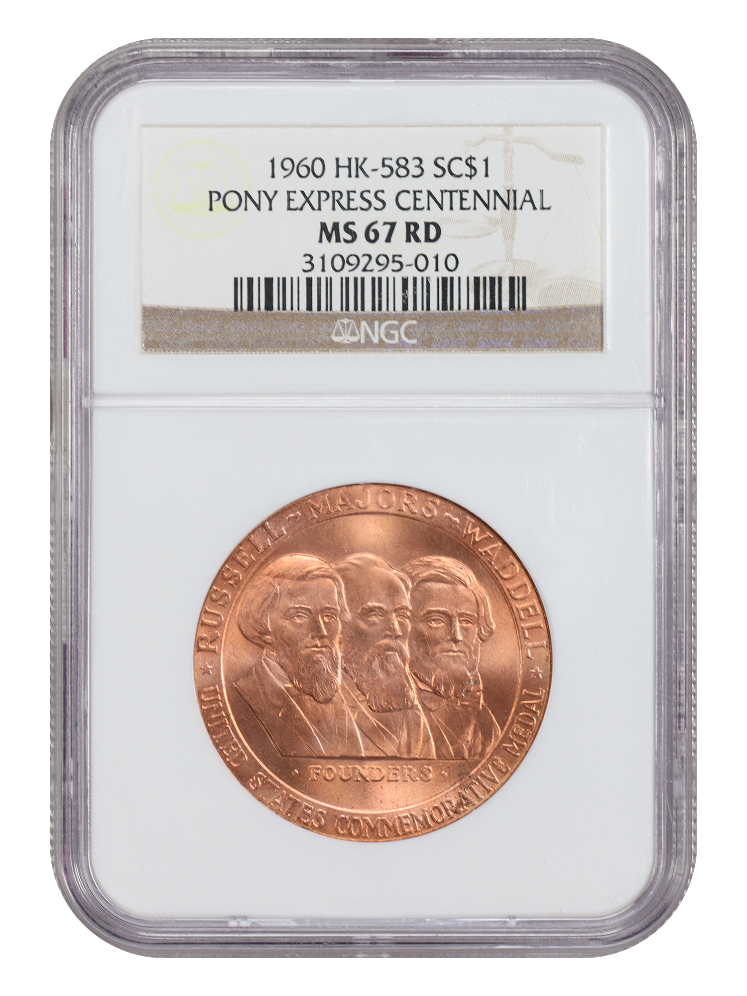 So-Called Dollar: 1960 Pony Express Centennial NGC MS67RD (HK-583, Bronze)