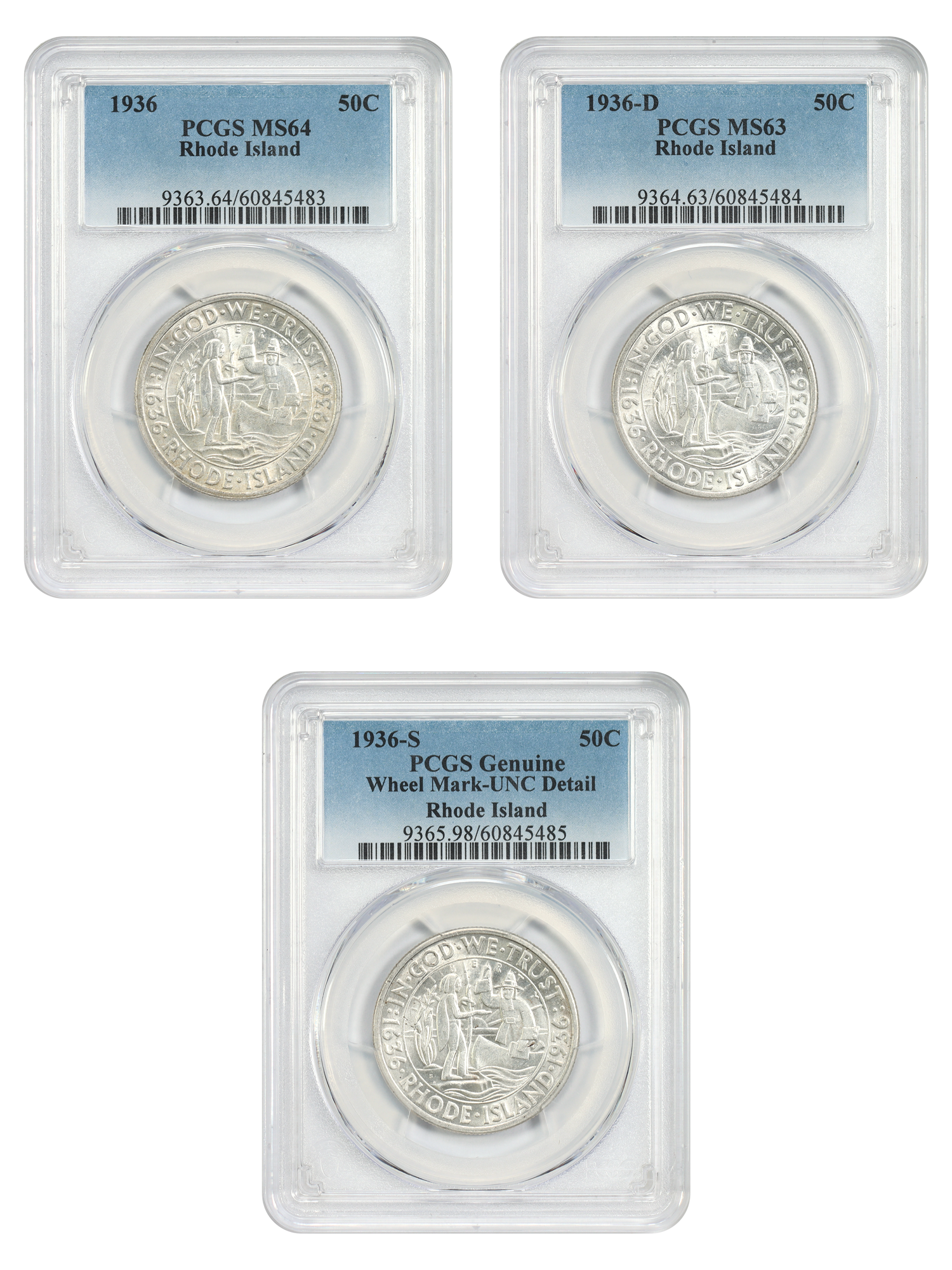 1936-PDS 50C Rhode Island Set PCGS UNC Details - MS64 (3 Coins)