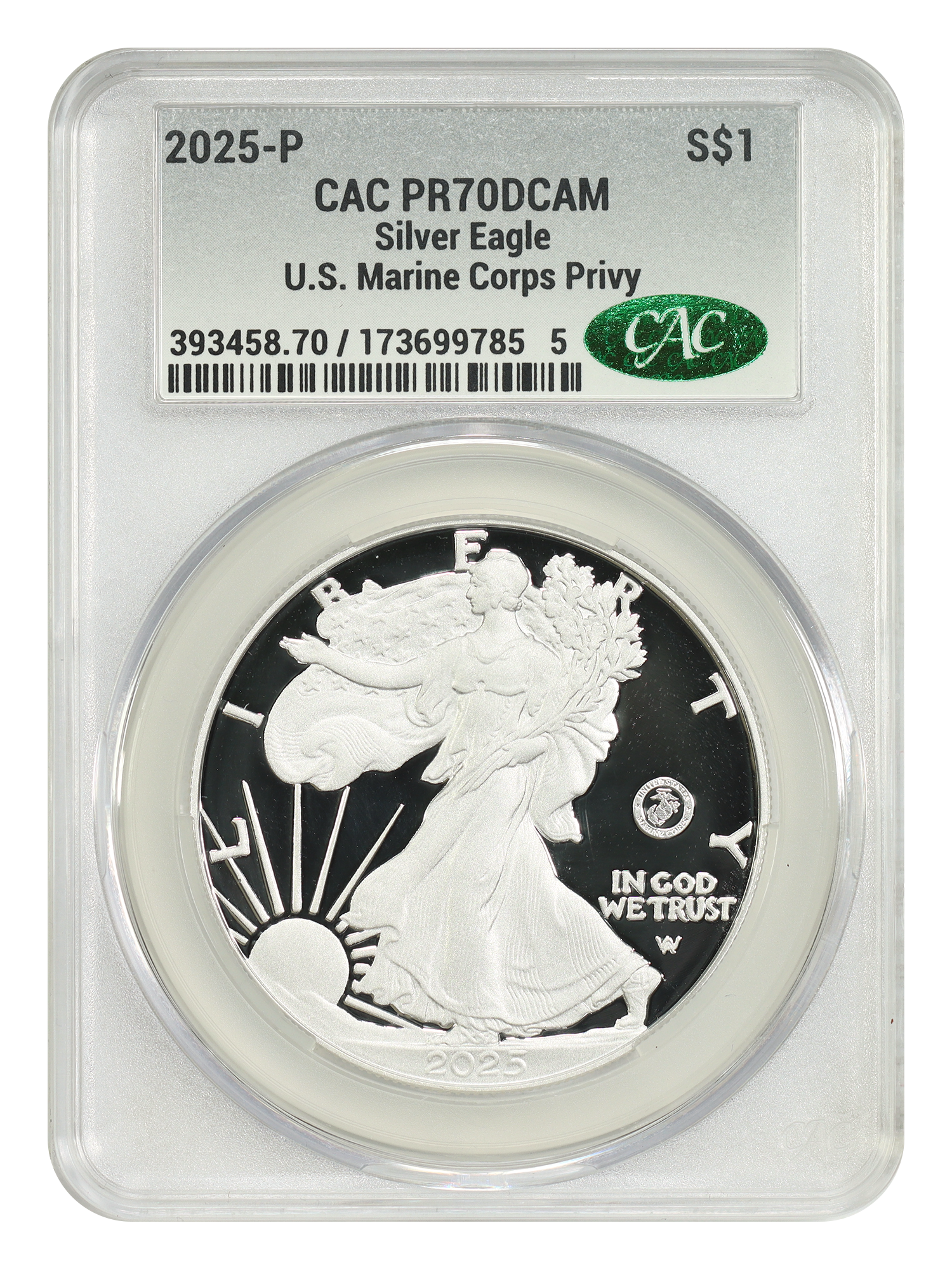 2025-P $1 Silver Eagle w/ US Marine Corps Privy 250th Anniversary, DCAM
