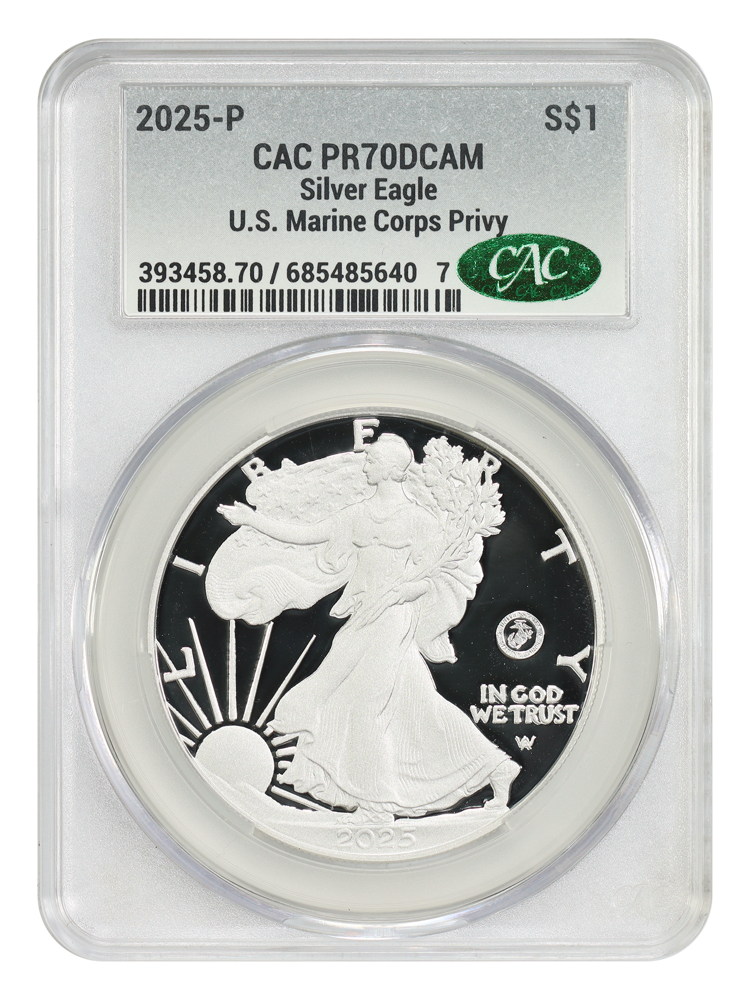 2025-P $1 Silver Eagle w/ US Marine Corps Privy 250th Anniversary, DCAM
