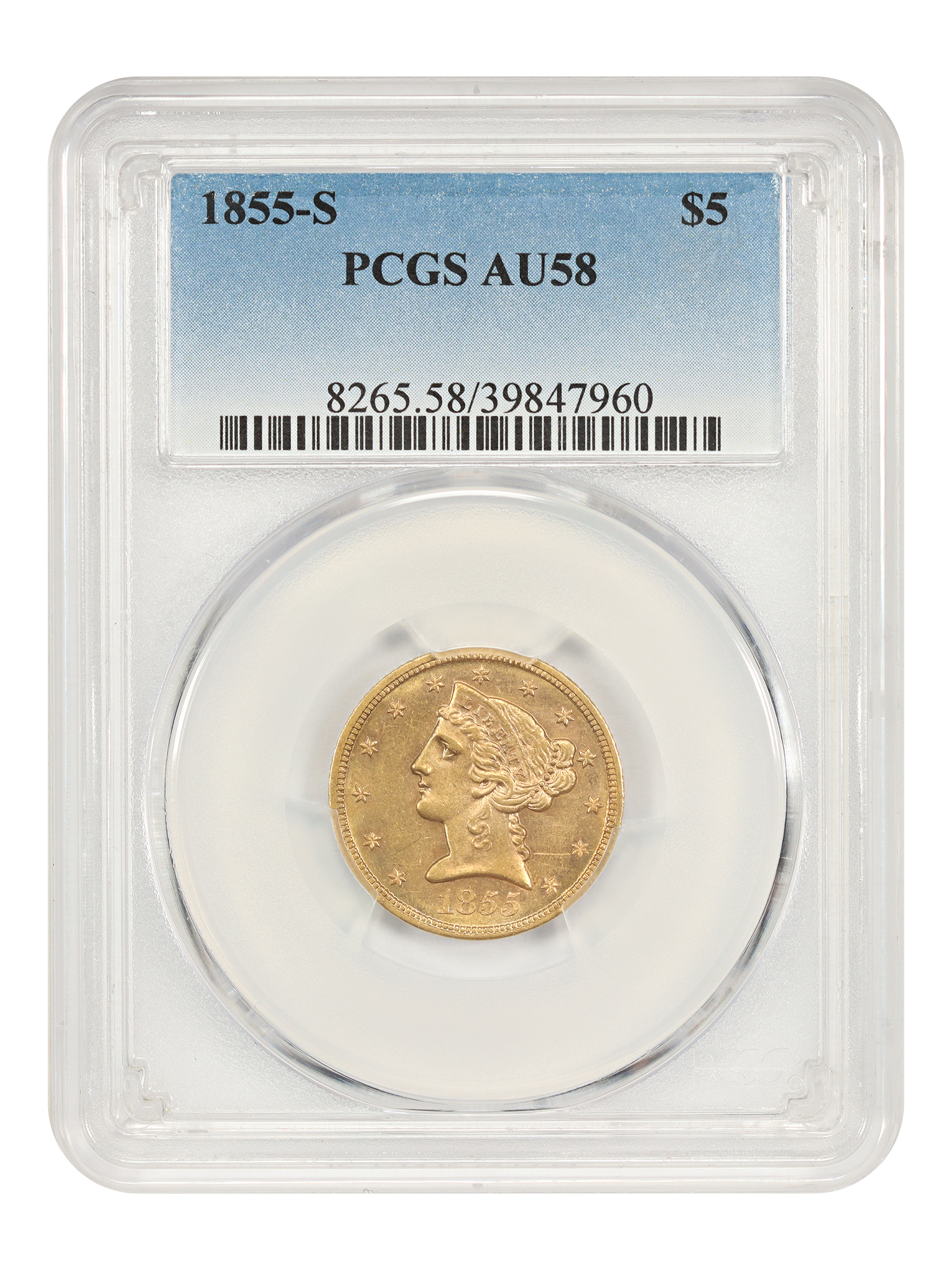 1855-S $5 PCGS AU58