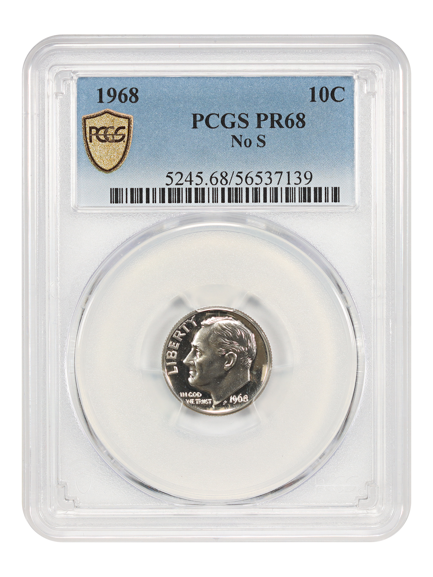 1968 No S 10C PCGS PR68