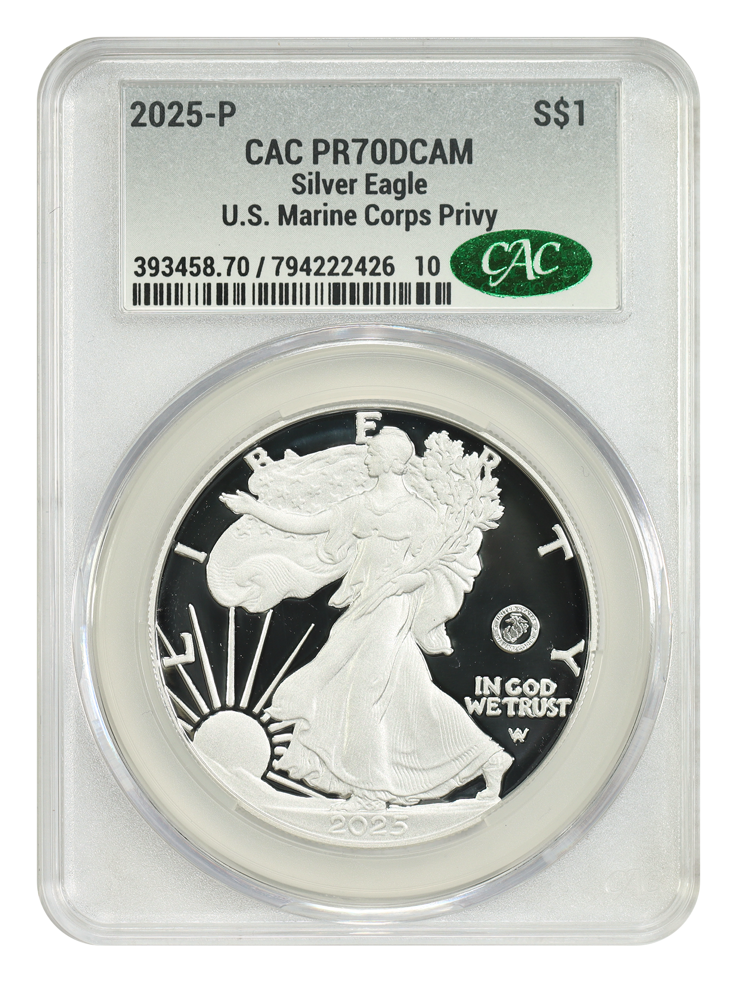 2025-P $1 Silver Eagle w/ US Marine Corps Privy 250th Anniversary, DCAM